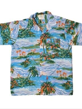 California Rainbow‎ Aloha Shirt Palm Tree Sailboat Island Hawaiian Tropical (T)